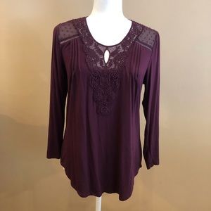 Danielrainn Burgundy Long Sleeve Top with Embroidery Detail, Size S